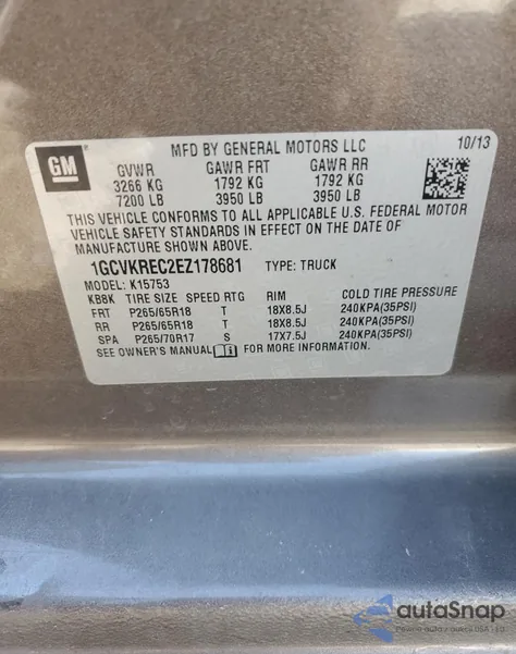 2014 Chevrolet Silverado K1500 Lt из США, поврежденный, VIN 1GCVKREC2EZ178681